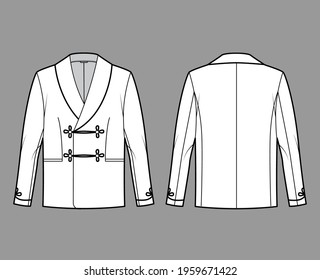 Smoking jacket technical fashion illustration with double breasted, long sleeves, shawl collar, besom pockets. Flat pajama top coat template front, back, white color style. Women men unisex CAD mockup