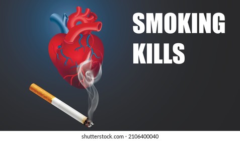 Smoking kills, smoking cigarette on realistic red heart background, social problem awareness poster. Vector illustration