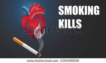 Smoking kills, smoking cigarette on realistic red heart background, social problem awareness poster. Vector illustration