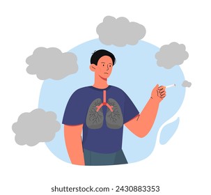 Smoking kills concept. Man with cigarette and problems with lungs. Unhealthy lifestyle with bad habits. Poster or banner. Cartoon flat vector illustration isolated on white background