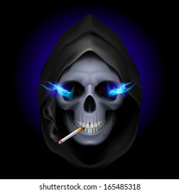 Smoking kills: death image with blue fire in the eyes and with cigarette.