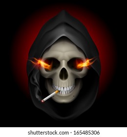 Smoking kills: death image with fire in the eyes and with cigarette.