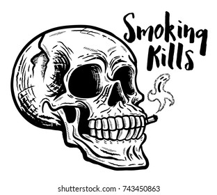 Smoking kills. Monochrome illustration of skull smoking. Ghost smoke. Isolated.