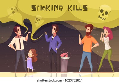 Smoking kills poster with male and female characters agitating smoker to quit smoking vector illustration