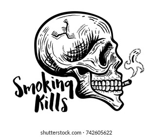 Smoking kills. Retro Smoking skull with ghost smoke coming out from cigarette 