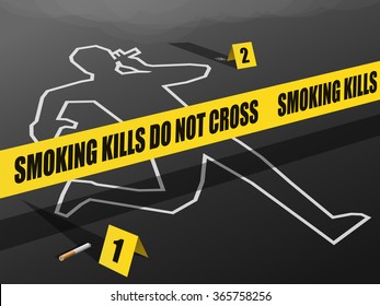 Smoking Kills-Do not Cross. Concept showing Crime Scene with a dead person's Chalk Outline in a smoking pose. Evidence of Ash & half burnt cigarette lie on the ground with Evidence cards next to them.