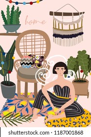 Smoking lady in bohemian interior. Colored vector illustration