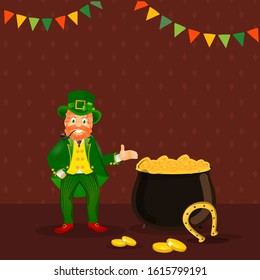 Smoking Leprechaun Man Character Showing Golden Coins Pot with Horseshoe and Bunting Flag on Brown Background.