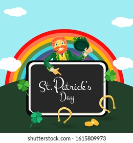 Smoking Leprechaun Man Showing Board of St. Patrick's Day with Horseshoe and Shamrock Leaves on Rainbow Sky Background.