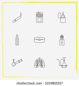 Smoking line icon set ashtray, vape juice and vape mod