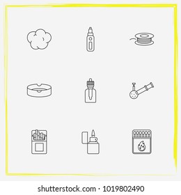 Smoking line icon set cigarettes, vape mod and vape juice
