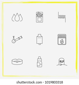 Smoking line icon set cigarettes, rip and vape juice