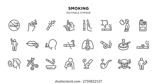 Smoking line icon set with editable stroke