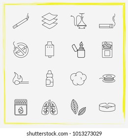 Smoking line icon set matches, smoke and vape tank