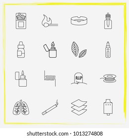 Smoking line icon set vape tank, lungs and match