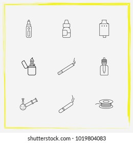 Smoking line icon set vape tank, cigarette and vape juice