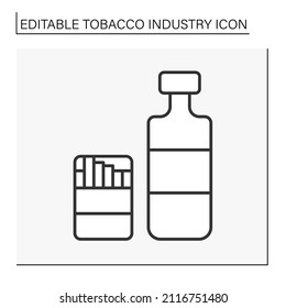  Smoking line icon. Unhealthy addictions. Pack of cigarettes and bottle of alcohol.Bad habit. Tobacco industry concept. Isolated vector illustration. Editable stroke