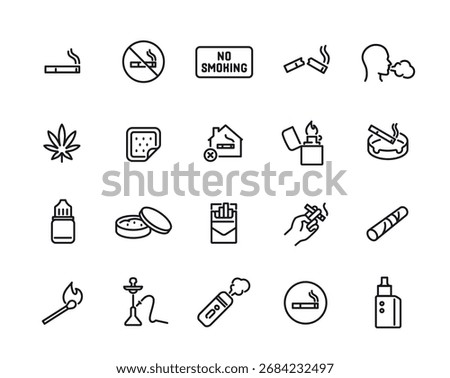 Smoking line icons set. Simple symbols with cigarette, tobacco, hookah, vape and smoke. Editable stroke. Design elements for apps. Outline vector illustration collection isolated on background
