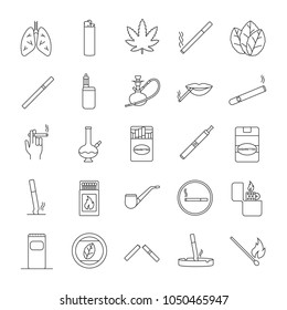 Smoking linear icons set. Cigarettes, smoking devices, cannabis culture. Thin line contour symbols. Isolated vector outline illustrations. Editable stroke