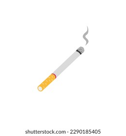 Smoking lit cigarette flat vector illustration isolated on white background. Lit cigarette with smoke minimalist icon or symbol for tobacco production.