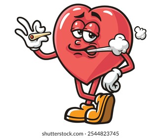 Fumar Amor Coração Cartoon Mascote Ilustração Personagem Vetor Clip-art Desenhado à mão Logo Design