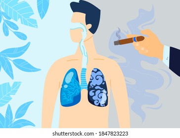 Smoking lung damage vector illustration. Cartoon flat damaged with nicotine cigarettes, tobacco respiratory system on medical poster, healthy and cancer diseased smokers lungs, medicine background