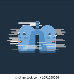 Smoking lungs character, conceptual vector illustration with unhealthy lung in smoke cloud on dark background. Respiratory system damage, addiction and bad habits problem.
