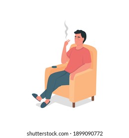 Smoking man flat color vector detailed character. Guy with cigarette, ashtray in armchair. Bad habit. Smoker relax in chair isolated cartoon illustration for web graphic design and animation