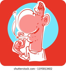 smoking man funny cartoon. sketch style free hand drawn doodle vector illustration.