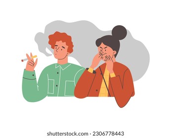 Smoking man harming others, flat vector illustration isolated on white background. Negative impact of passive smoking and tobacco addiction on others.