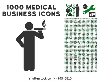 Smoking Man icon with 1000 medical commerce green and gray vector pictograms. Set style is flat bicolor symbols, white background.