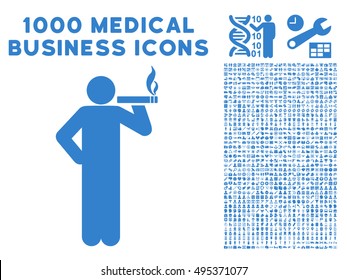 Smoking Man icon with 1000 medical commercial cobalt vector pictograms. Clipart style is flat symbols, white background.