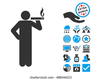 Smoking Man icon with bonus images. Vector illustration style is flat iconic bicolor symbols, blue and gray colors, white background.