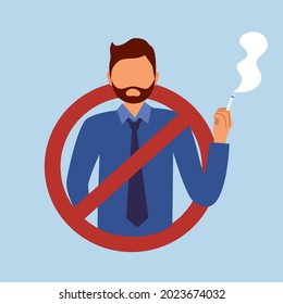 El hombre fumador en el interior prohibió la firma en diseño plano. No fumar.