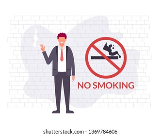Smoking man office worker character ignoring no smoking sight. Health care social problems issue. Vector flat cartoon graphic design illustration