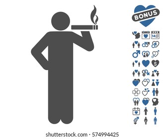 Smoking Man pictograph with bonus love pictures. Vector illustration style is flat iconic cobalt and gray symbols on white background.