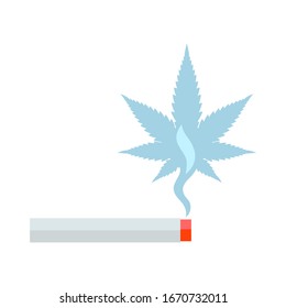 Fumar marihuana. Cigarrillo con humo en forma de hoja de marihuana. Ilustración vectorial, elemento de diseño plano, estilo caricatura. Aislado sobre fondo blanco.