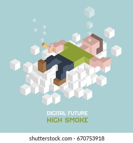 Smoking Marijuana Relaxation On Cloud. Man With Mj Joint. Recreational, Medical Cannabis Use. High Smoke. Cubes Composition Isometric Vector Illustration