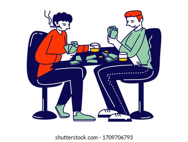 Smoking Men with Cards in Hands Sitting at Table with Alcohol Drinks. Male Characters Have Bad Habits and Addiction Playing Gambling Game Leisure Activity, Gaming. Linear People Vector Illustration