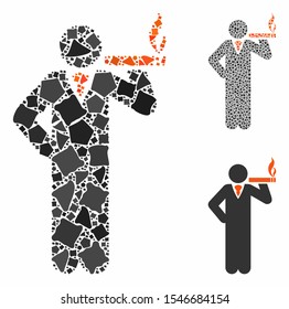 Smoking mosaic of uneven parts in variable sizes and color tinges, based on smoking icon. Vector irregular elements are organized into collage. Smoking icons collage with dotted pattern.