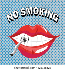 Smoking mouth with non healthy teeth. No smoking template, stock vector