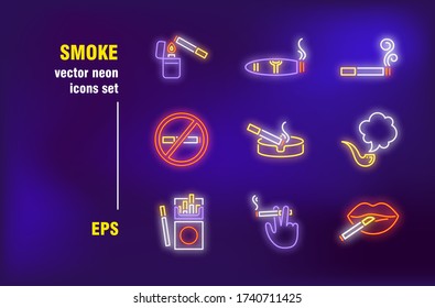 Smoking neon signs collection. Cigarette, tobacco and pipe. Vector illustrations for night bright advertisement. Unhealthy and bad habits concept