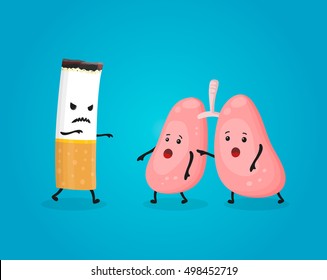 Smoking nicotine tobacco attack kill lungs. Stop, no smoking concept. Cigarette damage kills. Vector flat cartoon character illustration