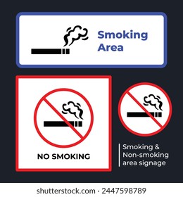 Smoking and Non Smoking Area signages poster or stickers design vector illustration poster silhouette set group bundle isolated on square dark gray colored background.