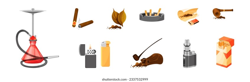Smoking Objects with Cigarette Pack, Cigar, Hookah, Pipe and Vape Vector Set