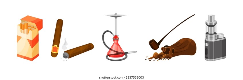 Smoking Objects with Cigarette Pack, Cigar, Hookah, Pipe and Vape Vector Set