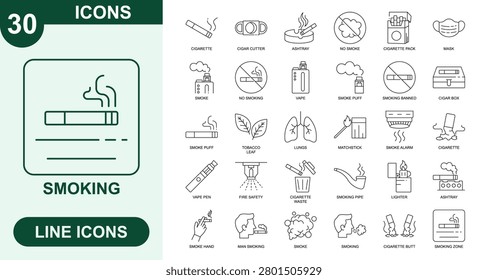 Smoking, Outline Vector Icons. Editable Stroke Icons Set. cigarette, cigar cutter, ashtray, no smoke, cigarette pack, mask, smoke, no smoking, vape, smoke puff, smoking banned, cigar box, smoke puff, tobacco leaf, lungs, matchstick and more.