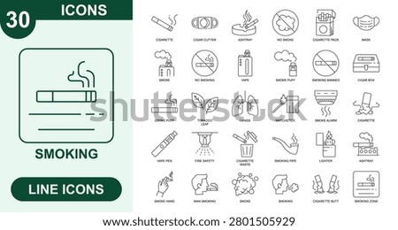 Smoking, Outline Vector Icons. Editable Stroke Icons Set. cigarette, cigar cutter, ashtray, no smoke, cigarette pack, mask, smoke, no smoking, vape, smoke puff, smoking banned, cigar box, smoke puff, tobacco leaf, lungs, matchstick and more.