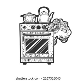 smoking oven stove sketch engraving vector illustration. T-shirt apparel print design. Scratch board imitation. Black and white hand drawn image.