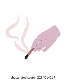Smoking Palo santo in hand. Sacreed tree for  spiritual practices. Flat style illustration isolated on white background. Vector